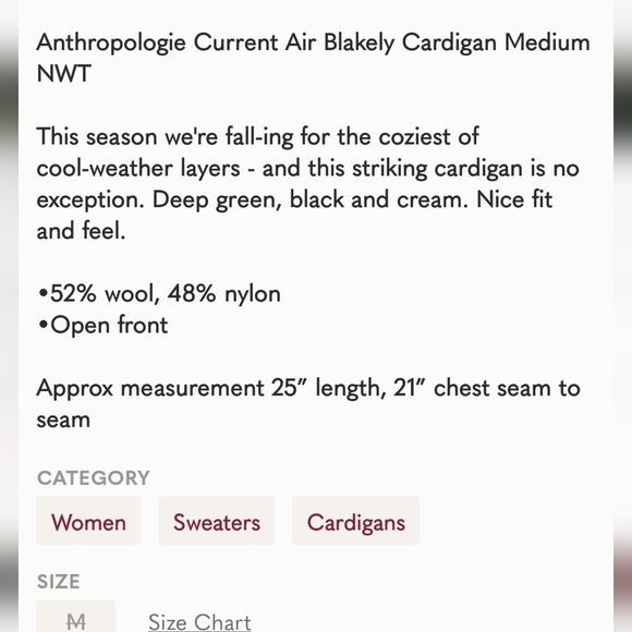 Anthropologie Current Air Blakely Cardigan Medium NWOT - Picture 5 of 11